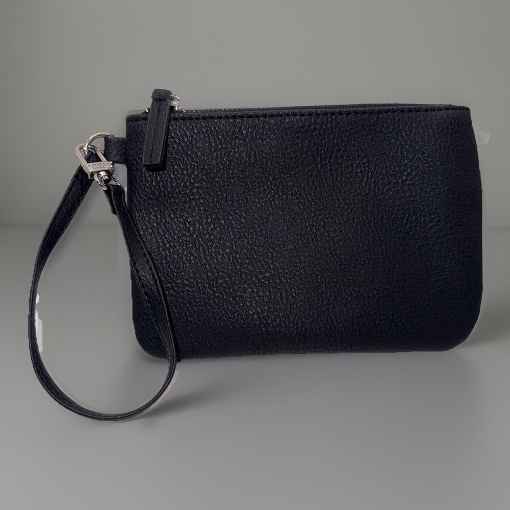 Steve Madden Black Wristlet Silver Faux Leather Wallet Coin Pouch